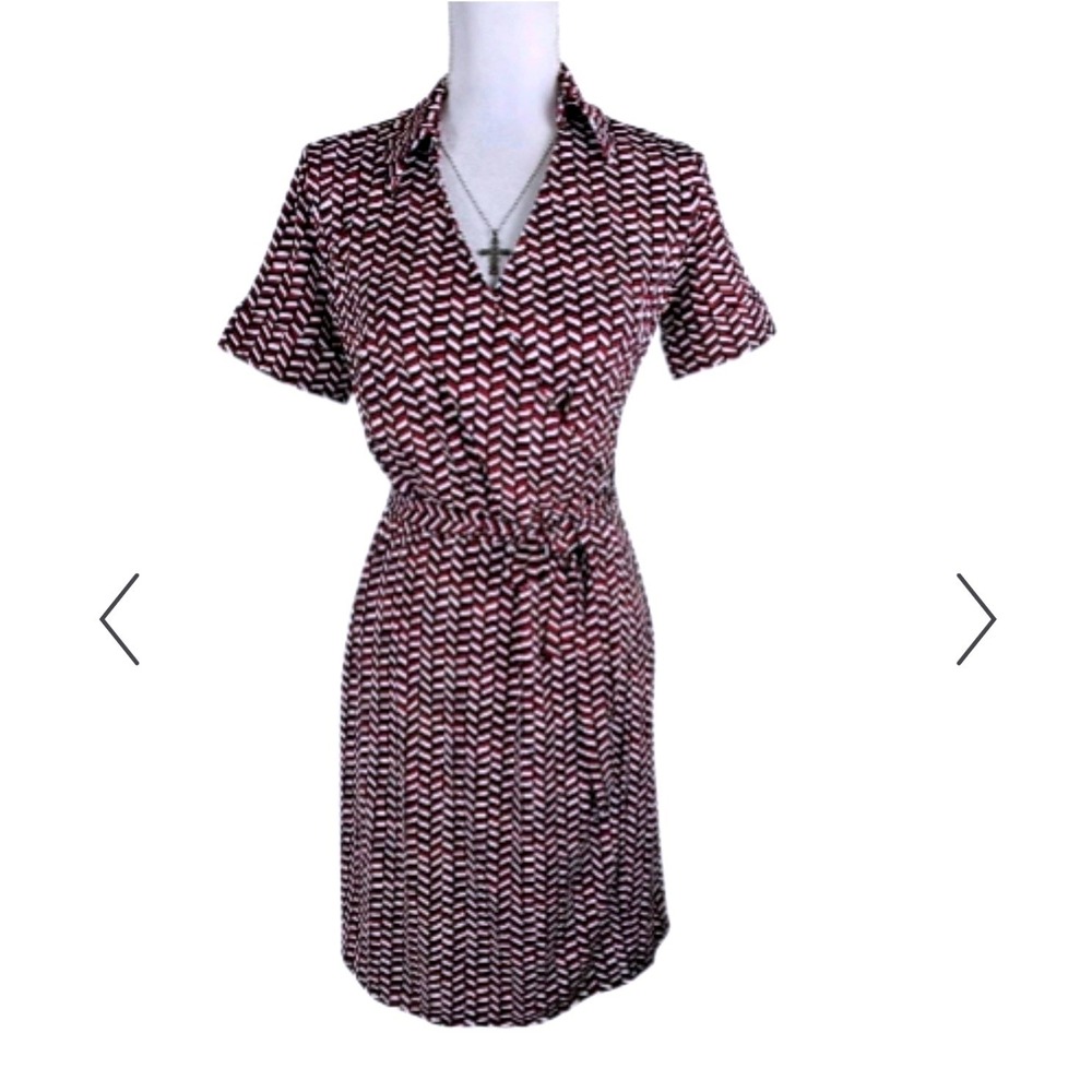 ANN TAYLOR LOFT Geometric Print Wrap Shirt Dress Burgundy White Black Size‎ 2